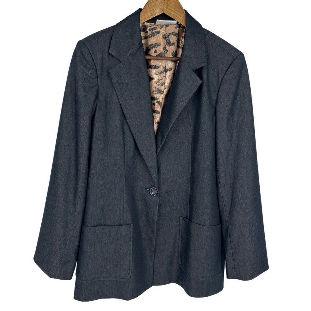 SUSAN GRAVER A203289 Denim Look Boyfriend Jacket w/Animal Print Lining Size S